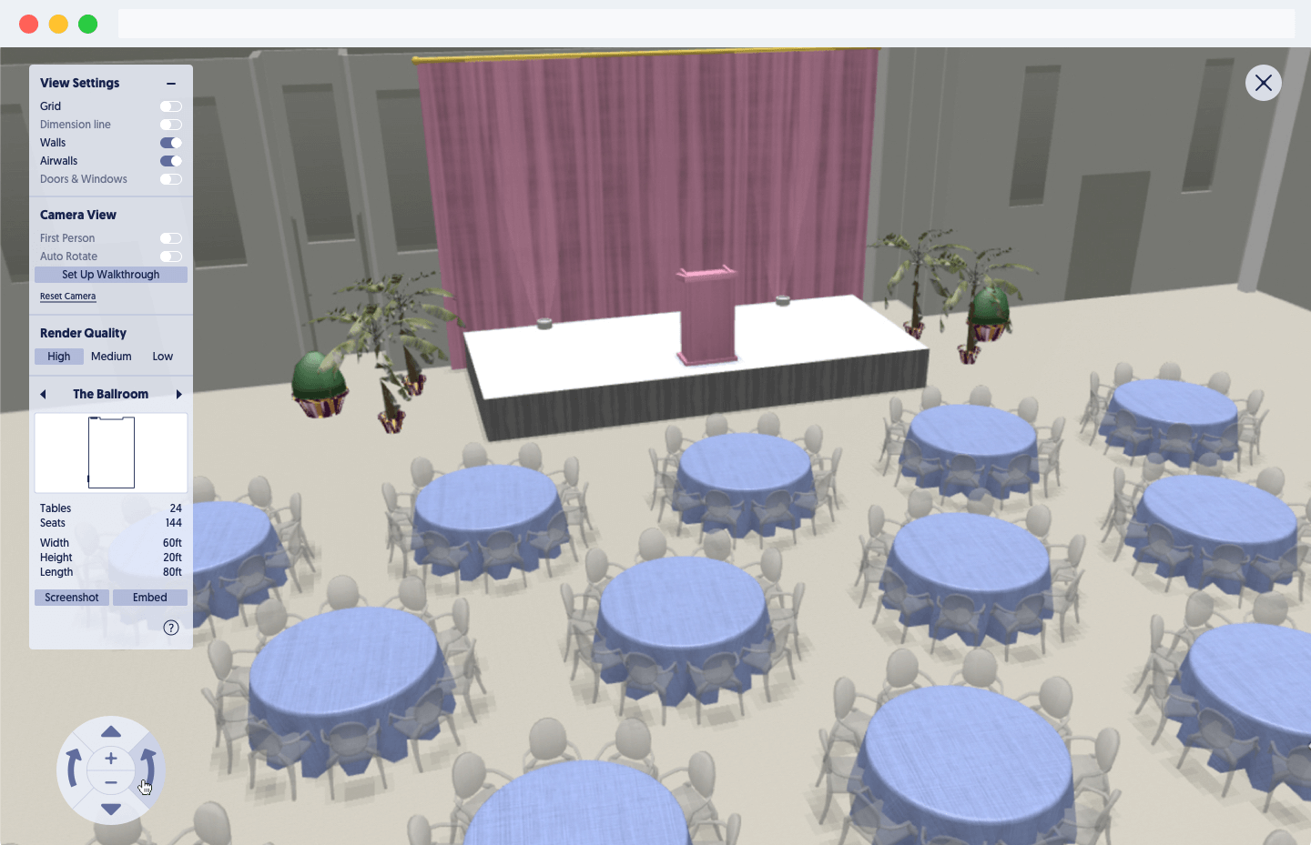 Accutate Diagramming - 3D Diagram A 3D diagram in Social Tables' event planning software